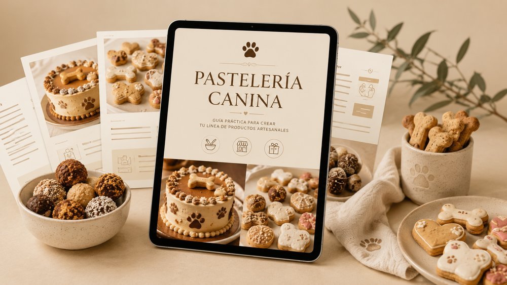 Mockup de Pastelería Canina en una tablet, rodeado de fotos impresas de los productos, trufitas caninas y galletas decoradas.