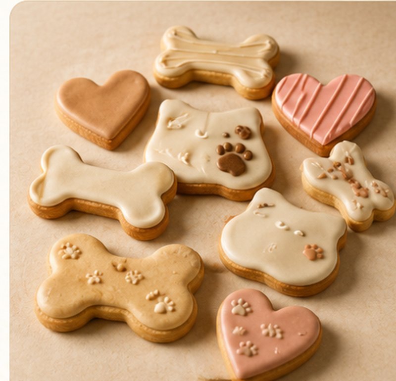 Colección de galletas caninas decoradas en formas de hueso, corazón y silueta, con glaseado artesanal en distintos colores.