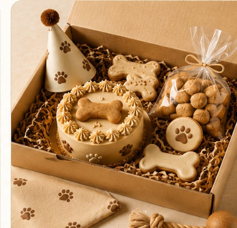Kit de cumpleaños canino artesanal en caja, con pastel, galletas decoradas, snacks y accesorios de celebración.