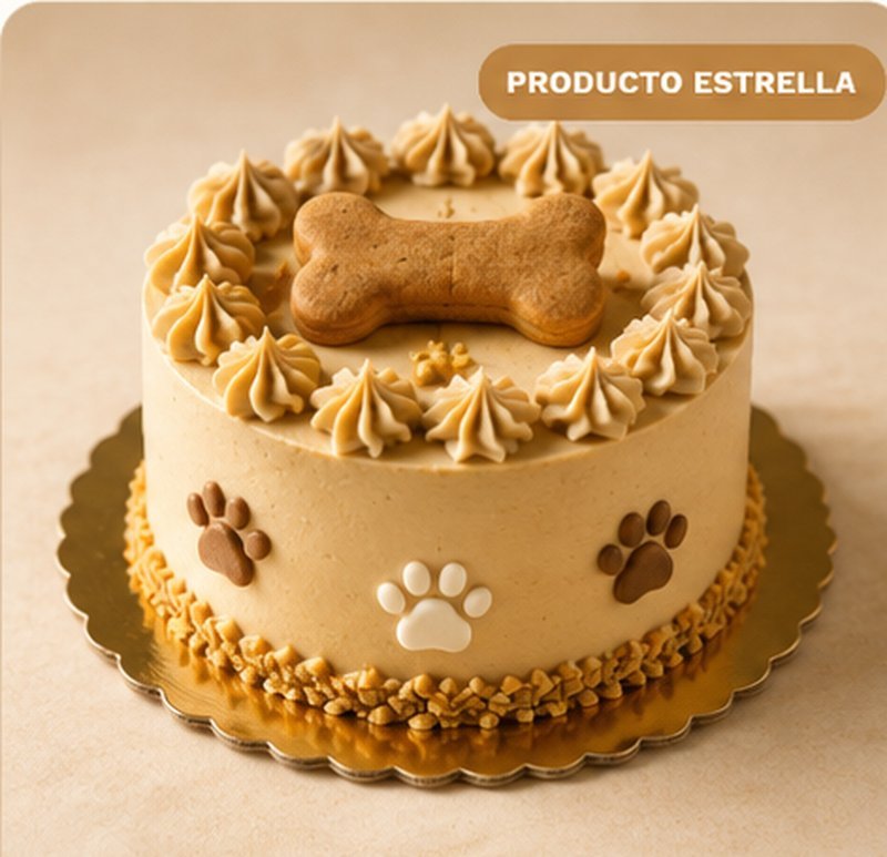 Pastel de cumpleaños canino artesanal, decorado con betún, topper en forma de hueso y huellitas, con etiqueta de producto estrella.