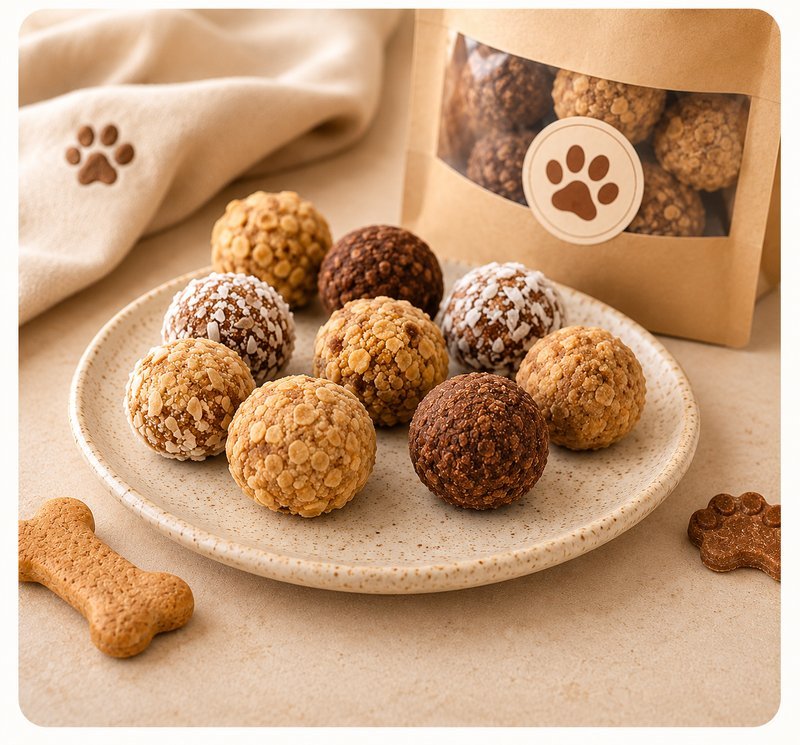 Trufitas caninas artesanales de distintos sabores en un plato, junto a una bolsa kraft con sello de huellita y una galleta en forma de hueso.